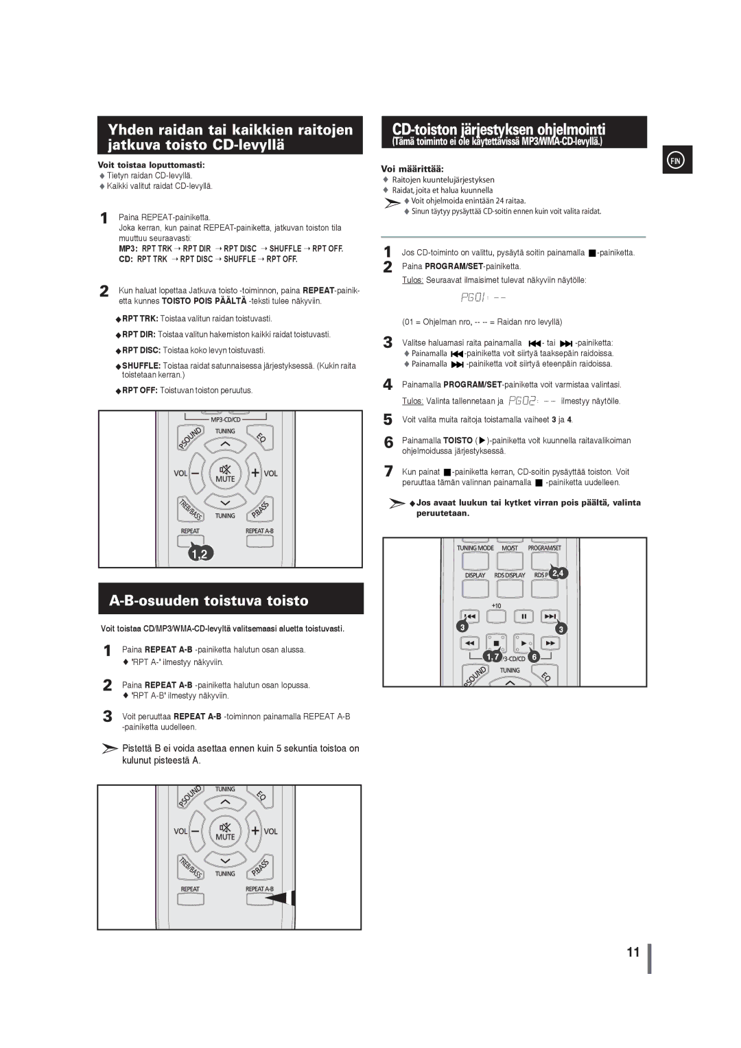 Samsung MM-G35R/XEE manual CD-toiston järjestyksen ohjelmointi, Osuuden toistuva toisto, Paina REPEAT-painiketta 