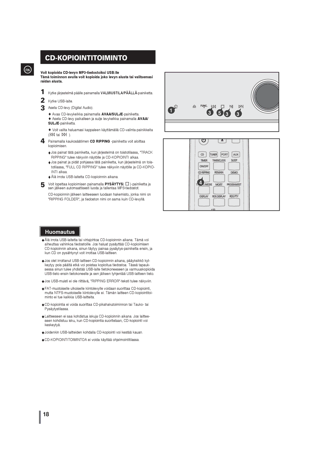 Samsung MM-G35R/XEE manual Voit kopioida CD-levyn MP3-tiedostoiksi USBlle, Raidan alusta, SULJE-painiketta 