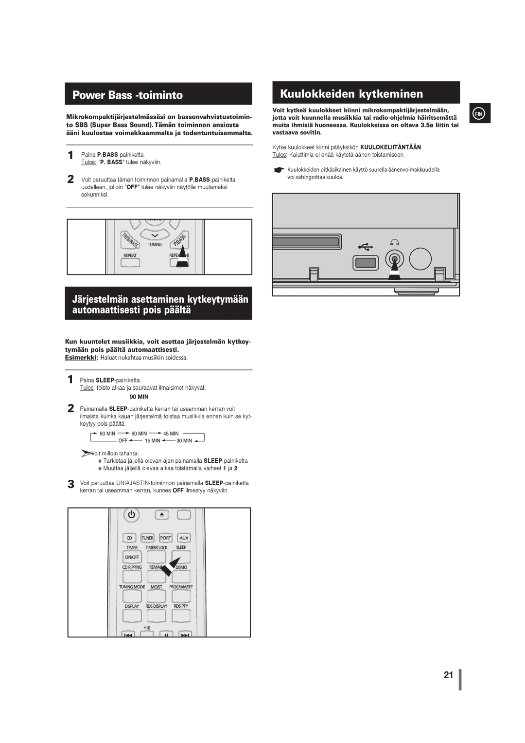 Samsung MM-G35R/XEE manual Power Bass -toiminto, Kuulokkeiden kytkeminen, 90 MIN 