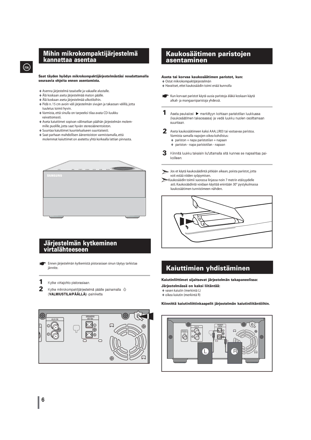 Samsung MM-G35R/XEE manual Mihin mikrokompaktijärjestelmä kannattaa asentaa, Kaukosäätimen paristojen asentaminen 