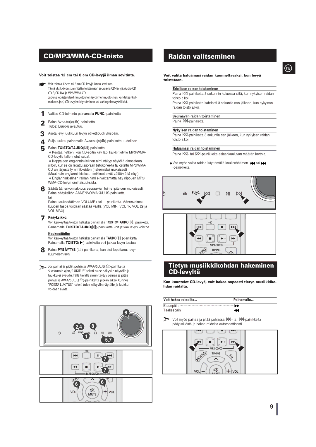 Samsung MM-G35R/XEE manual Raidan valitseminen, CD/MP3/WMA-CD-toisto, Tietyn musiikkikohdan hakeminen CD-levyltä 