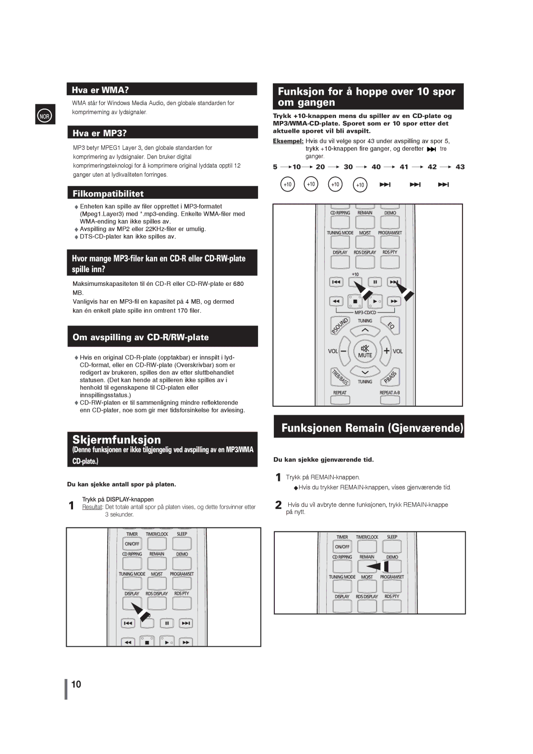 Samsung MM-G35R/XEE manual Skjermfunksjon, Funksjonen Remain Gjenværende, Funksjon for å hoppe over 10 spor om gangen 