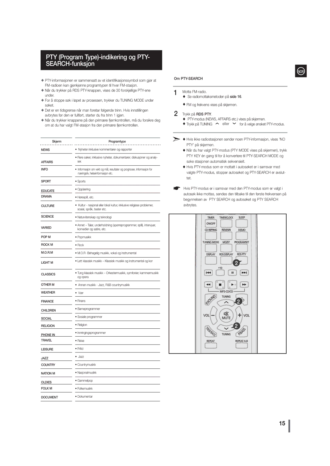 Samsung MM-G35R/XEE manual PTY Program Type-indikering og PTY- SEARCH-funksjon 