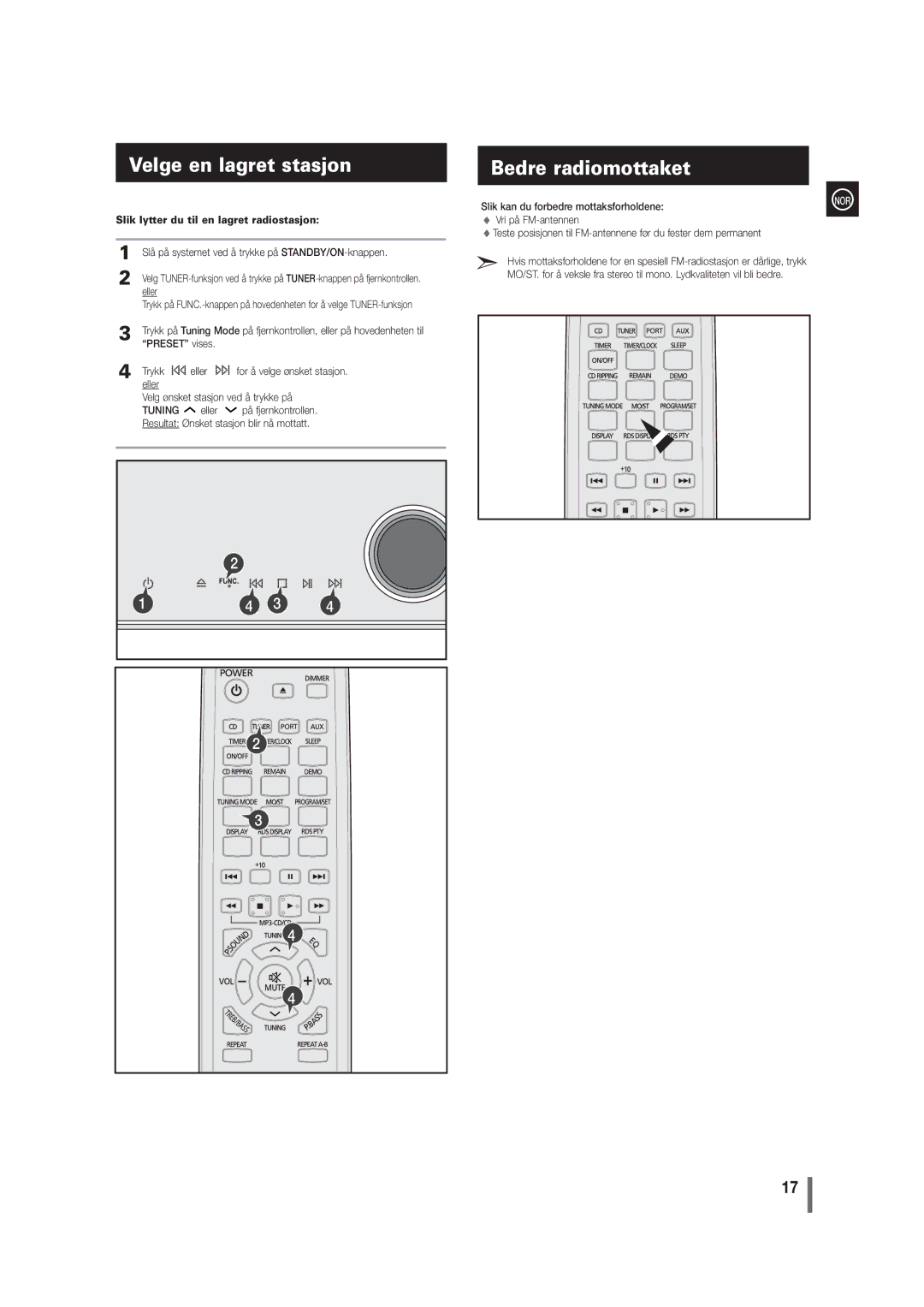 Samsung MM-G35R/XEE manual Velge en lagret stasjon, Bedre radiomottaket, Slik lytter du til en lagret radiostasjon 