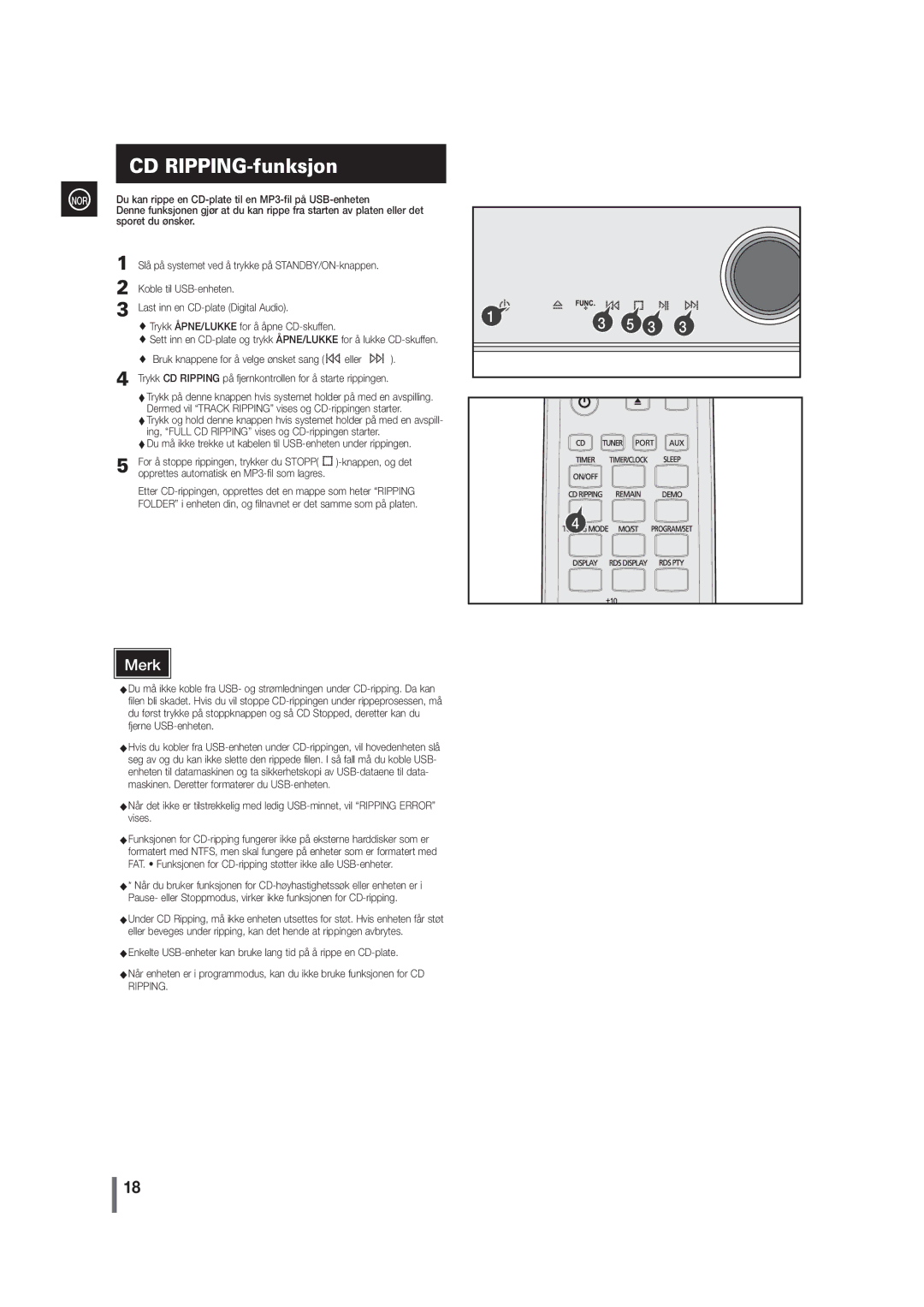 Samsung MM-G35R/XEE manual CD RIPPING-funksjon, Koble til USB-enheten Last inn en CD-plate Digital Audio 