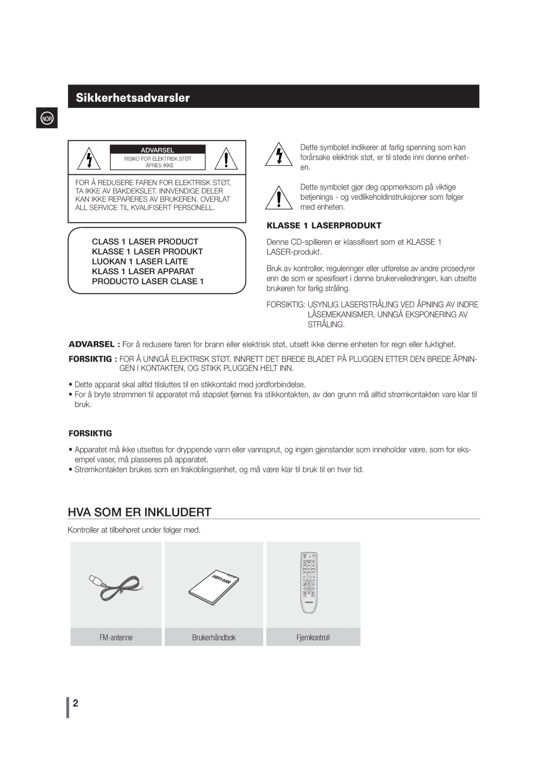 Samsung MM-G35R/XEE manual Sikkerhetsadvarsler, Nor 