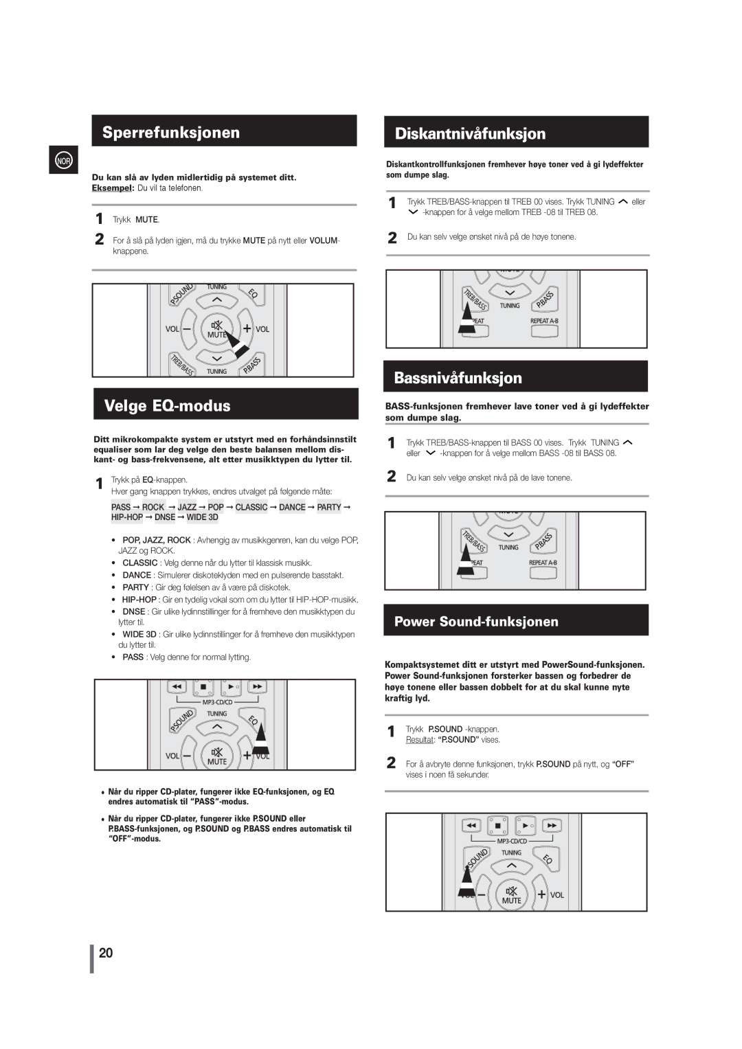 Samsung MM-G35R/XEE manual SperrefunksjonenDiskantnivåfunksjon, Velge EQ-modus, Bassnivåfunksjon 