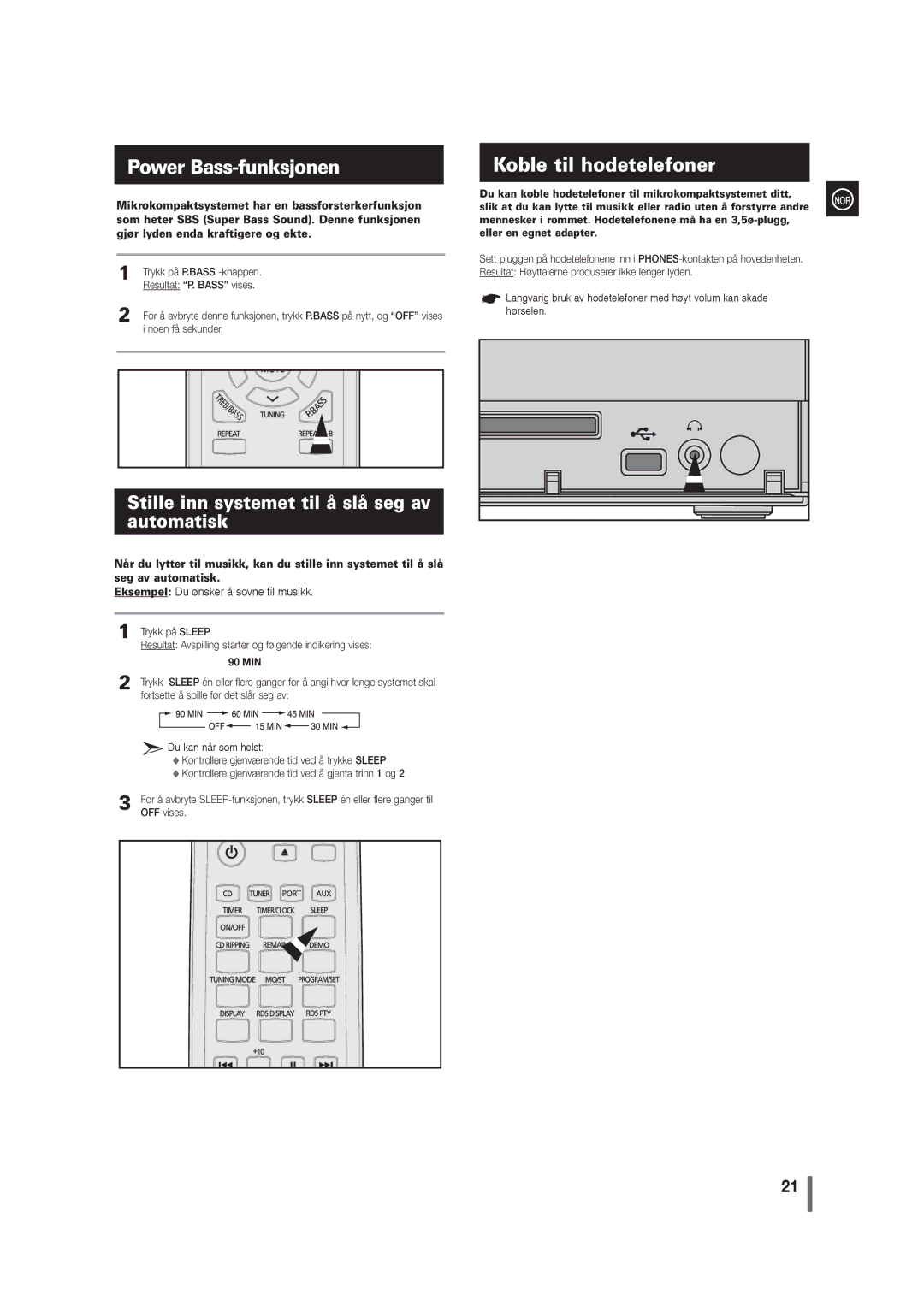 Samsung MM-G35R/XEE manual Power Bass-funksjonen, Koble til hodetelefoner, Stille inn systemet til å slå seg av automatisk 