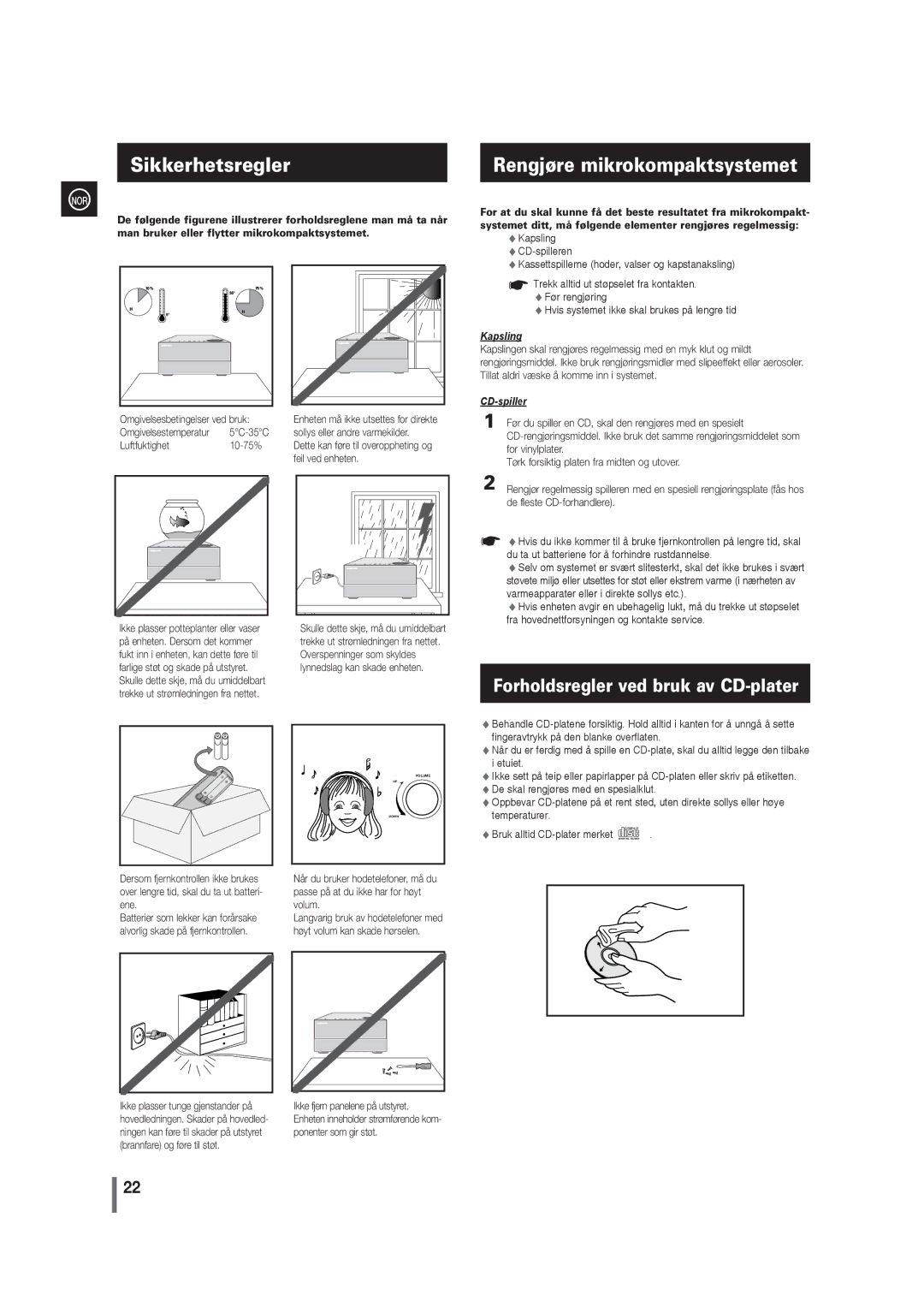 Samsung MM-G35R/XEE manual Sikkerhetsregler, Rengjøre mikrokompaktsystemet, Forholdsregler ved bruk av CD-plater 