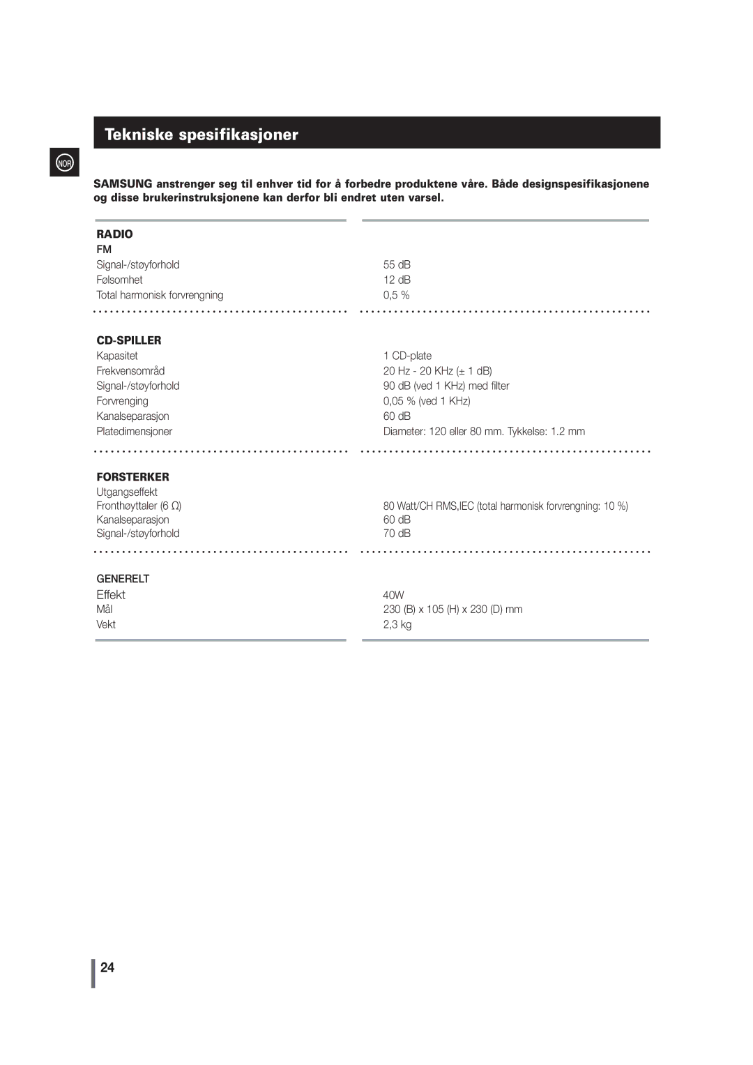 Samsung MM-G35R/XEE manual Tekniske spesifikasjoner, Cd-Spiller 