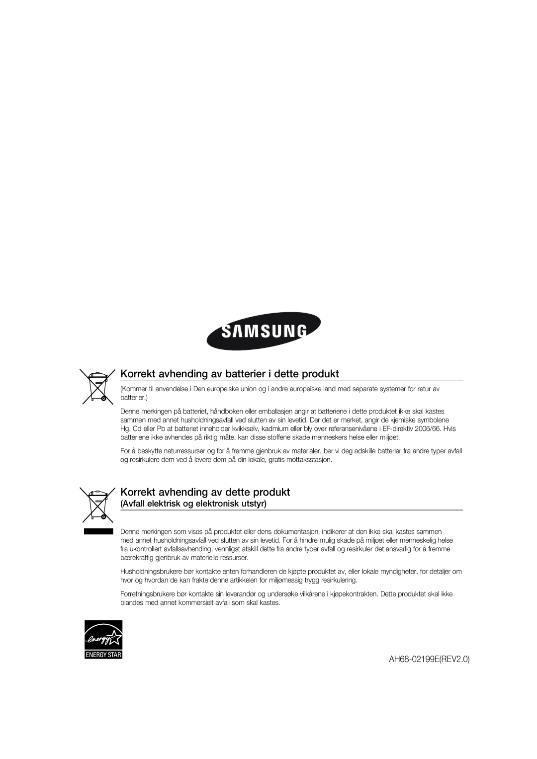 Samsung MM-G35R/XEE manual Korrekt avhending av batterier i dette produkt 