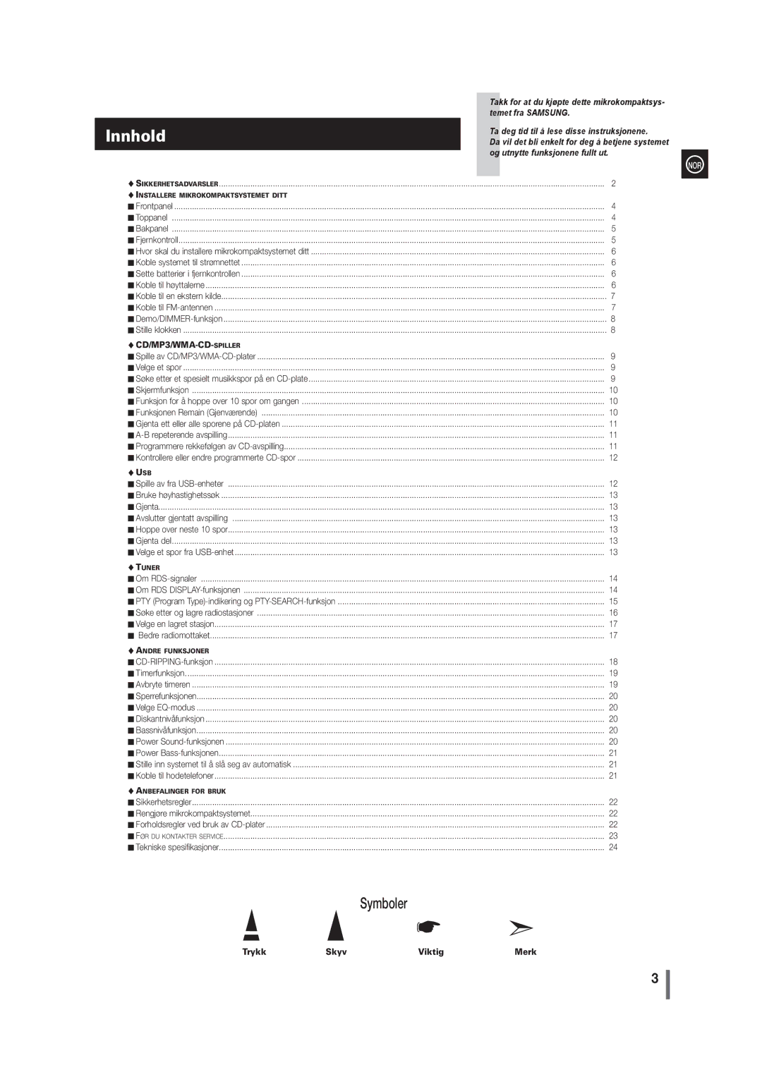 Samsung MM-G35R/XEE manual Innhold, Trykk Skyv Viktig Merk 