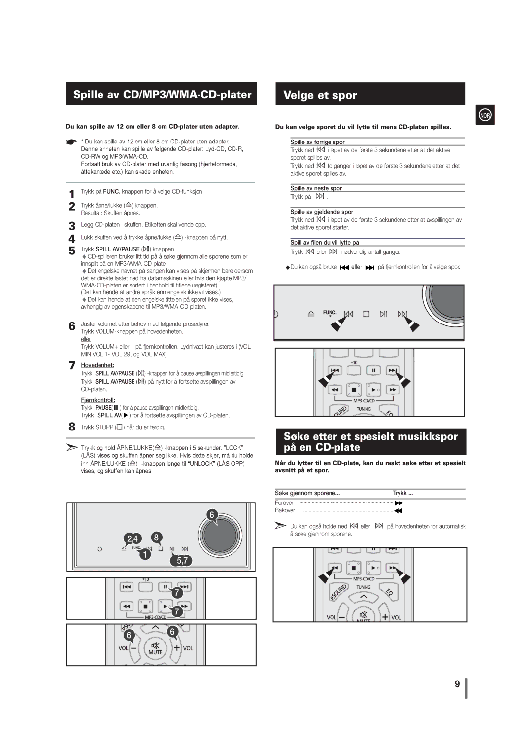 Samsung MM-G35R/XEE manual Velge et spor, Søke etter et spesielt musikkspor på en CD-plate, Søke gjennom sporene 