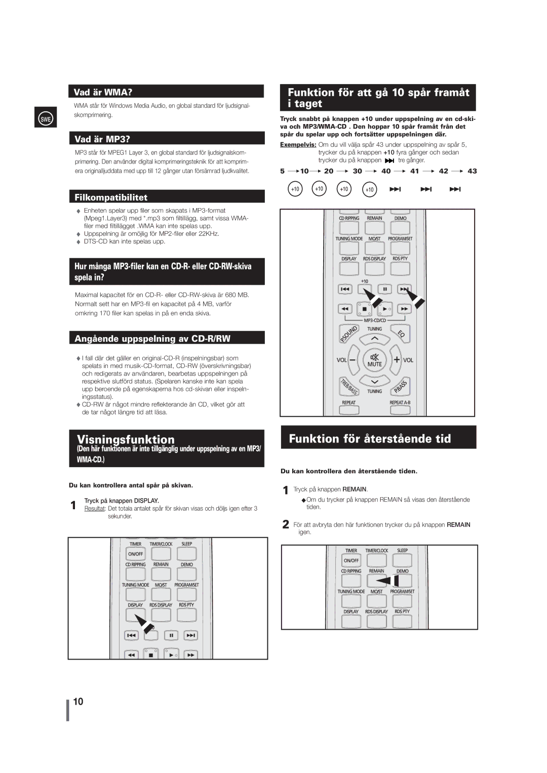 Samsung MM-G35R/XEE manual Visningsfunktion, Funktion för återstående tid, Funktion för att gå 10 spår framåt i taget 