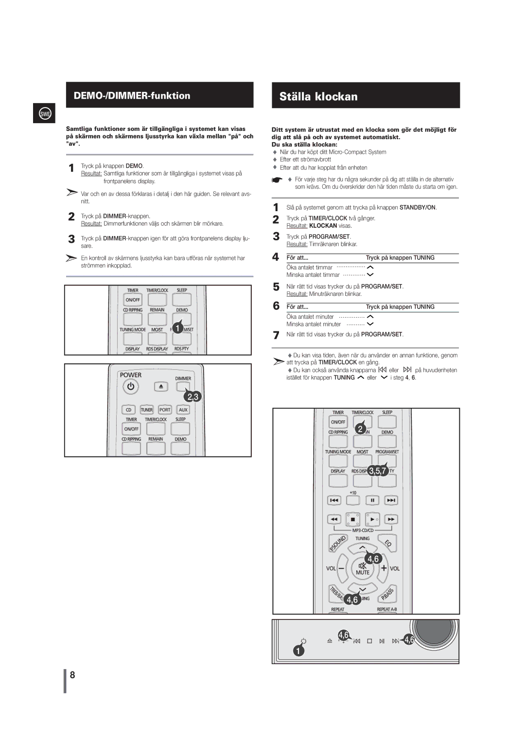 Samsung MM-G35R/XEE manual Tryck på knappen Demo, Frontpanelens display, Nitt, Tryck på DIMMER-knappen, Sare 