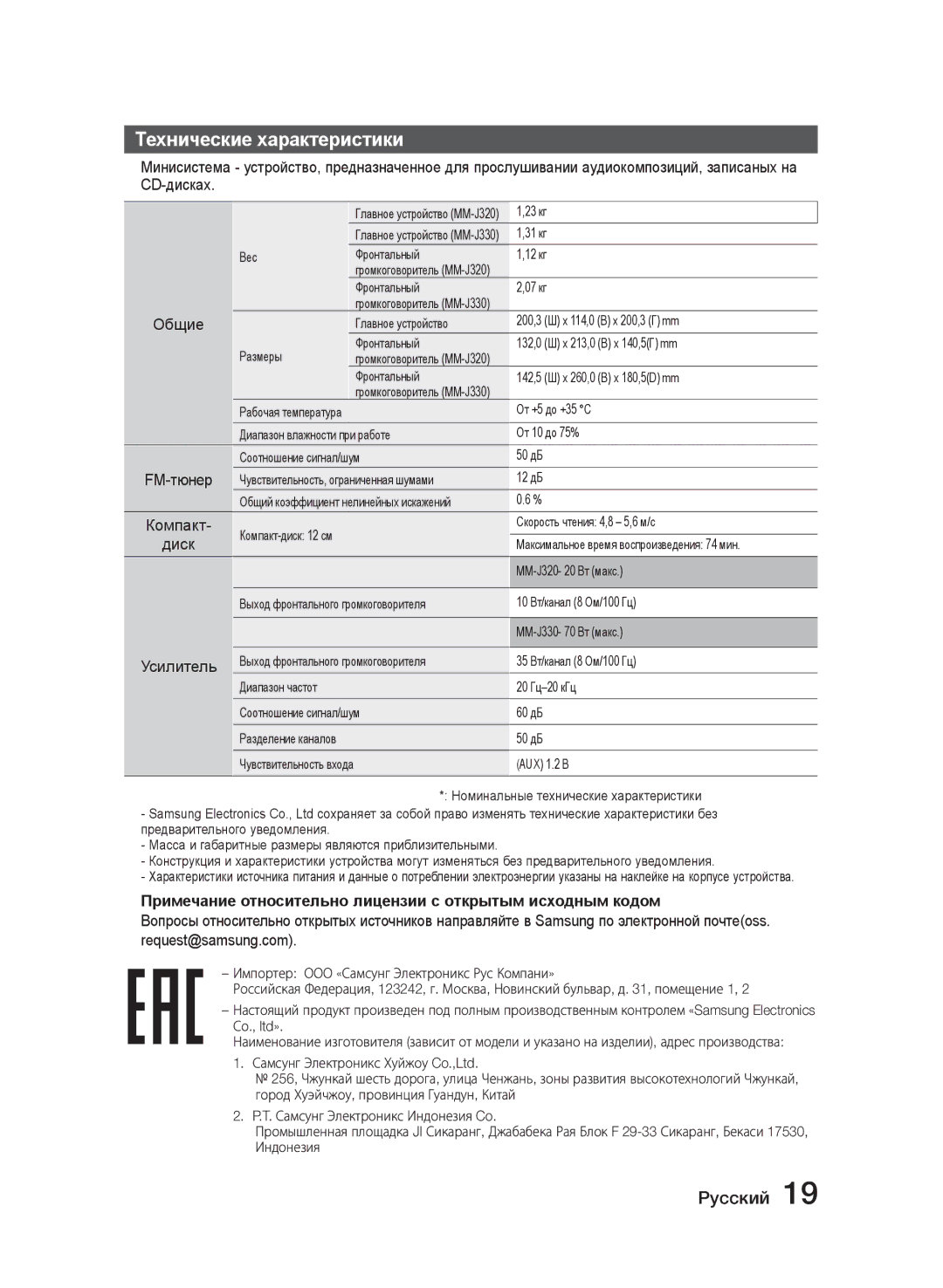 Samsung MM-J330/RU, MM-J320/RU manual Технические характеристики, Общие, FM-тюнер, Диск 