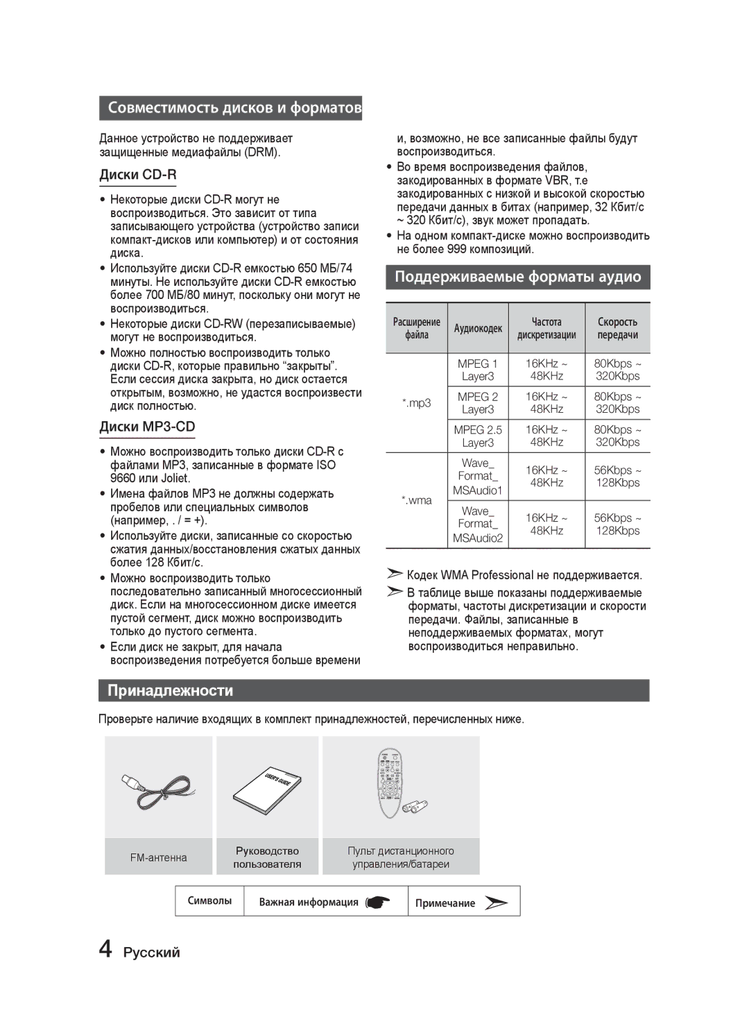 Samsung MM-J320/RU, MM-J330/RU manual Принадлежности, Например, . / = +, Частота, Wma, Mpeg 