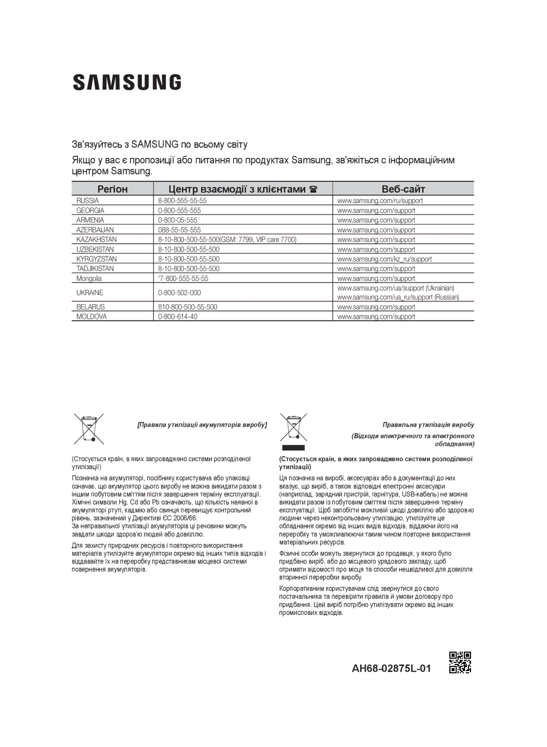 Samsung MM-J320/RU, MM-J330/RU manual Регіон Центр взаємодії з клієнтами  Веб-сайт, AH68-02875L-01 