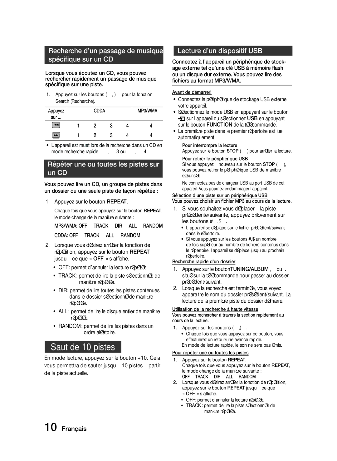 Samsung MM-J320/ZF Recherche d’un passage de musique spécifique sur un CD, Répéter une ou toutes les pistes sur un CD 