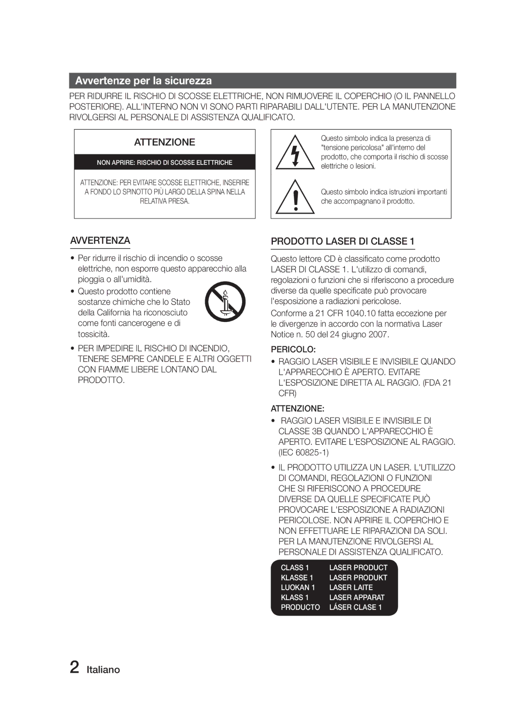 Samsung MM-J320/ZF, MM-J330/ZF manual Avvertenze per la sicurezza, Italiano 