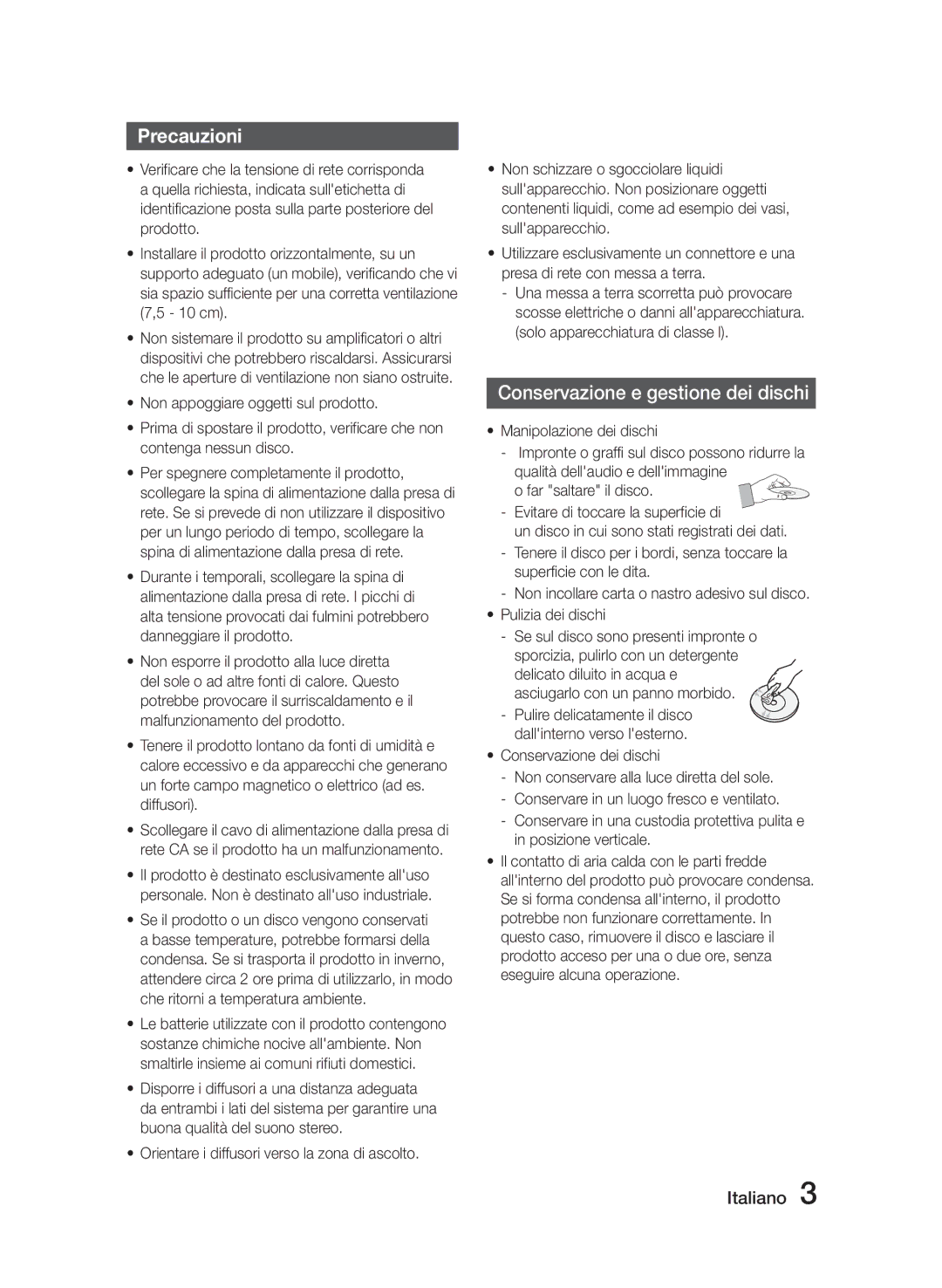 Samsung MM-J330/ZF, MM-J320/ZF manual Precauzioni, Conservazione e gestione dei dischi, Conservazione dei dischi 