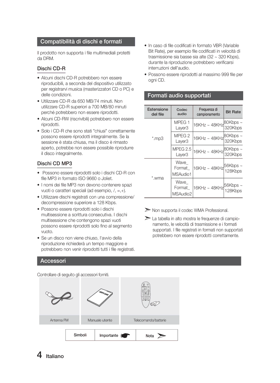 Samsung MM-J320/ZF Compatibilità di dischi e formati, Formati audio supportati, Accessori, Dischi CD-R, Dischi CD MP3 