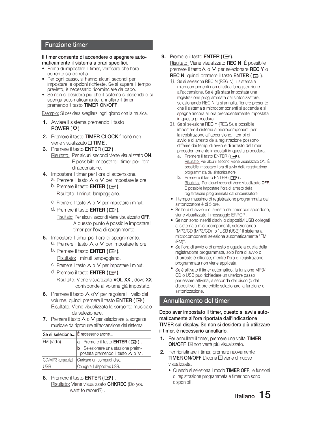 Samsung MM-J330/ZF manual Funzione timer, Annullamento del timer, Da selezionare, REC N, quindi premere il tasto Enter 