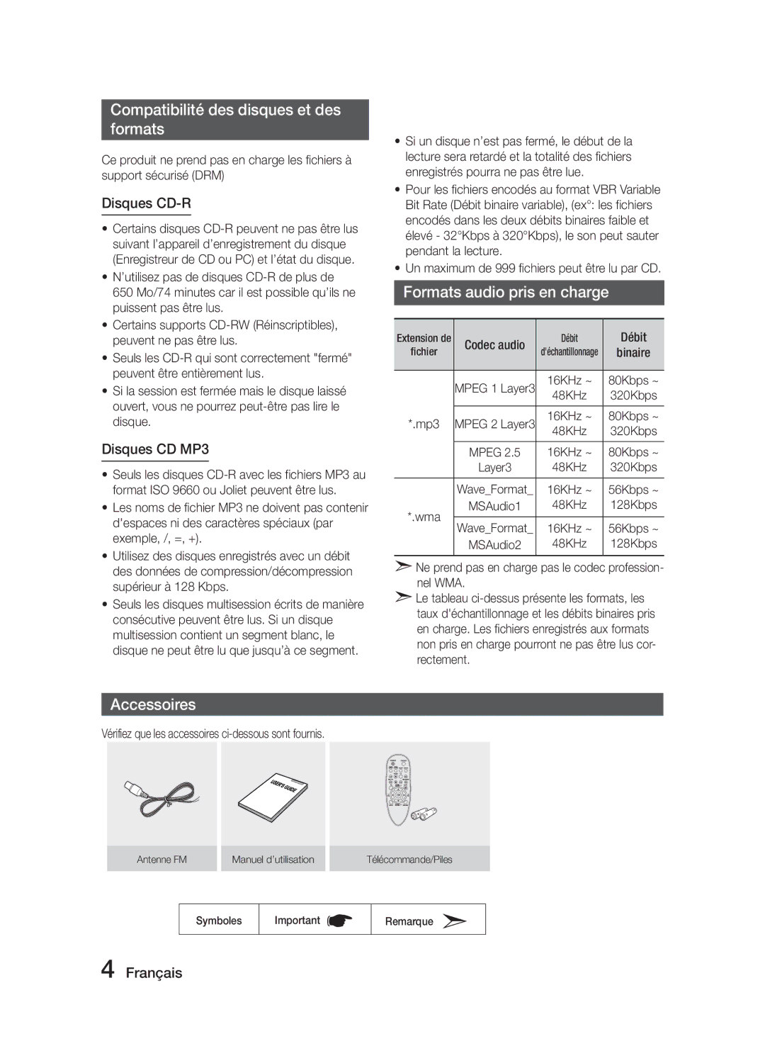 Samsung MM-J320/ZF manual Compatibilité des disques et des formats, Formats audio pris en charge, Accessoires, Disques CD-R 