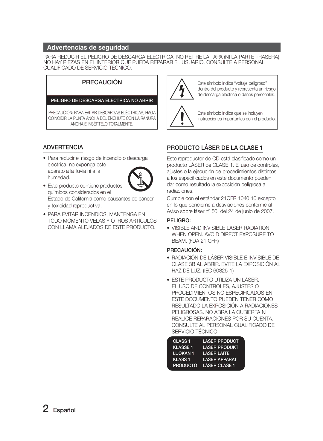 Samsung MM-J320/ZF, MM-J330/ZF manual Advertencias de seguridad, Español 