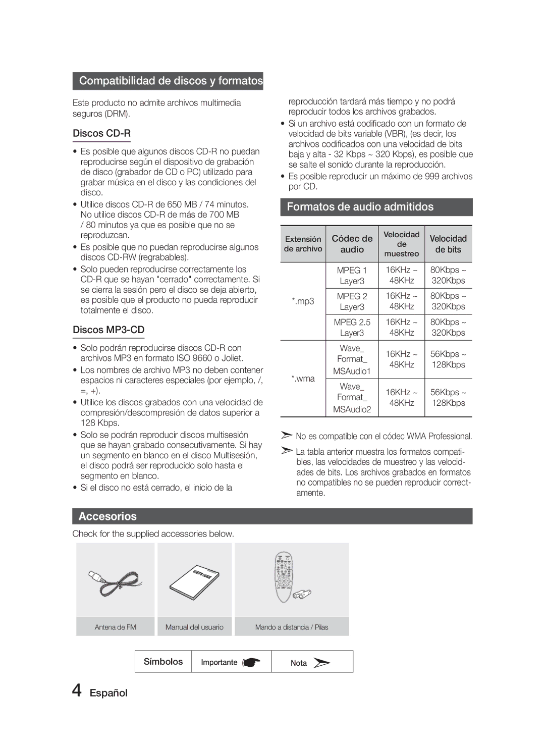 Samsung MM-J320/ZF, MM-J330/ZF Compatibilidad de discos y formatos, Formatos de audio admitidos, Accesorios, Discos CD-R 