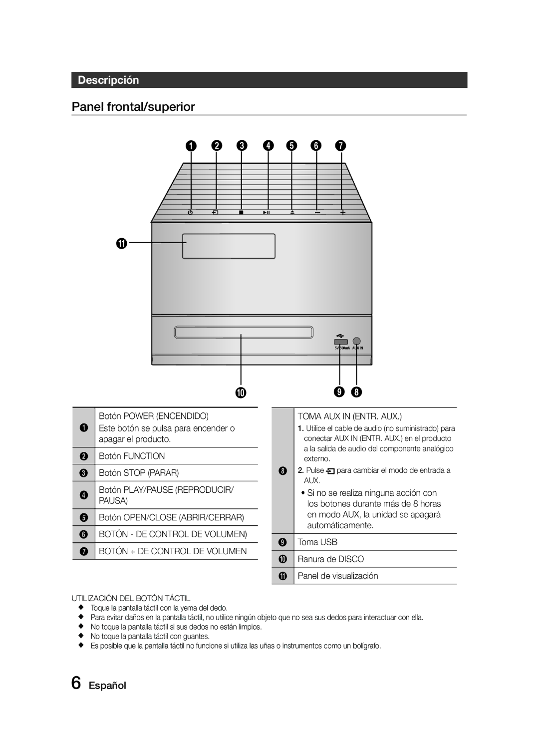 Samsung MM-J320/ZF, MM-J330/ZF manual Descripción, Botón OPEN/CLOSE ABRIR/CERRAR, Utilización DEL Botón Táctil 