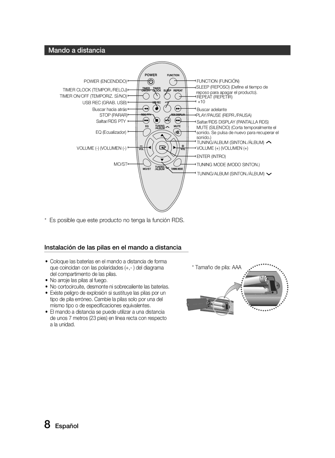 Samsung MM-J320/ZF, MM-J330/ZF manual Mando a distancia, Instalación de las pilas en el mando a distancia 