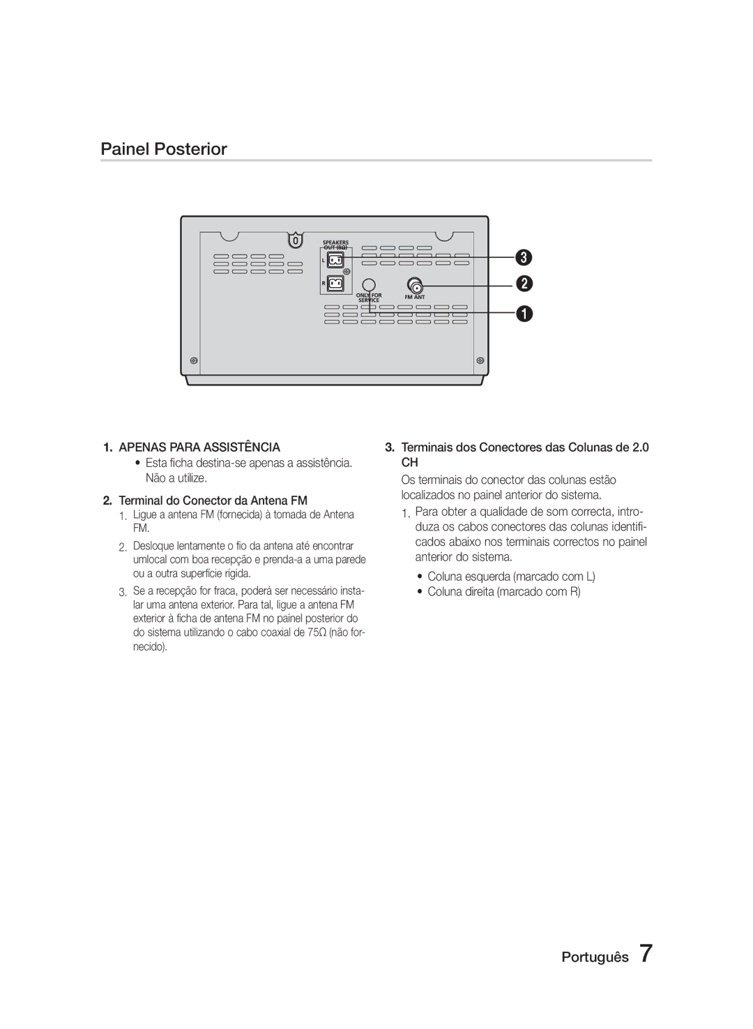 Samsung MM-J330/ZF, MM-J320/ZF Apenas Para Assistência, Não a utilize, Anterior do sistema, Coluna esquerda marcado com L 