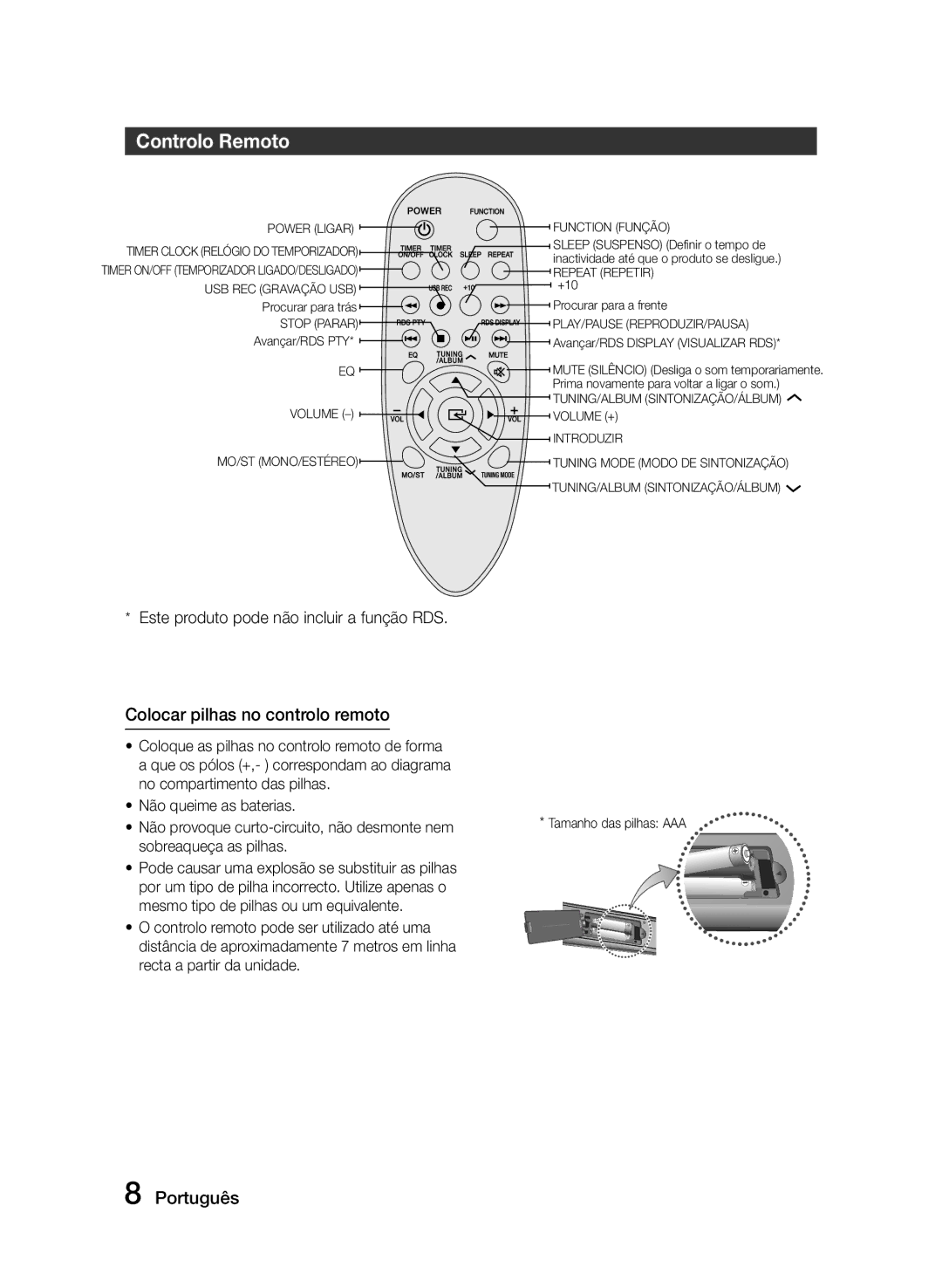 Samsung MM-J320/ZF manual Controlo Remoto, Colocar pilhas no controlo remoto, Este produto pode não incluir a função RDS 