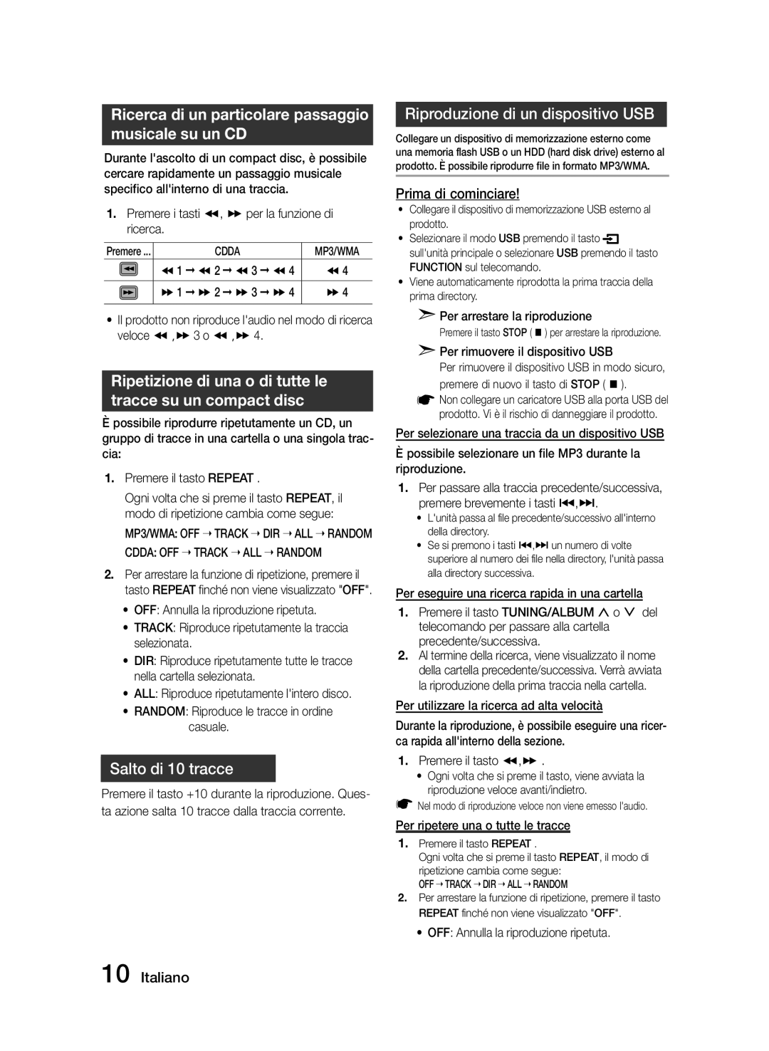 Samsung MM-J320/ZF, MM-J330/ZF manual Ricerca di un particolare passaggio musicale su un CD, Salto di 10 tracce 