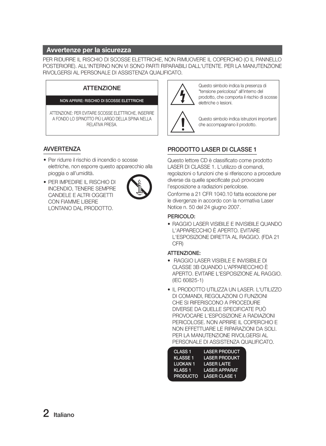 Samsung MM-J320/ZF, MM-J330/ZF manual Avvertenze per la sicurezza, Attenzione 