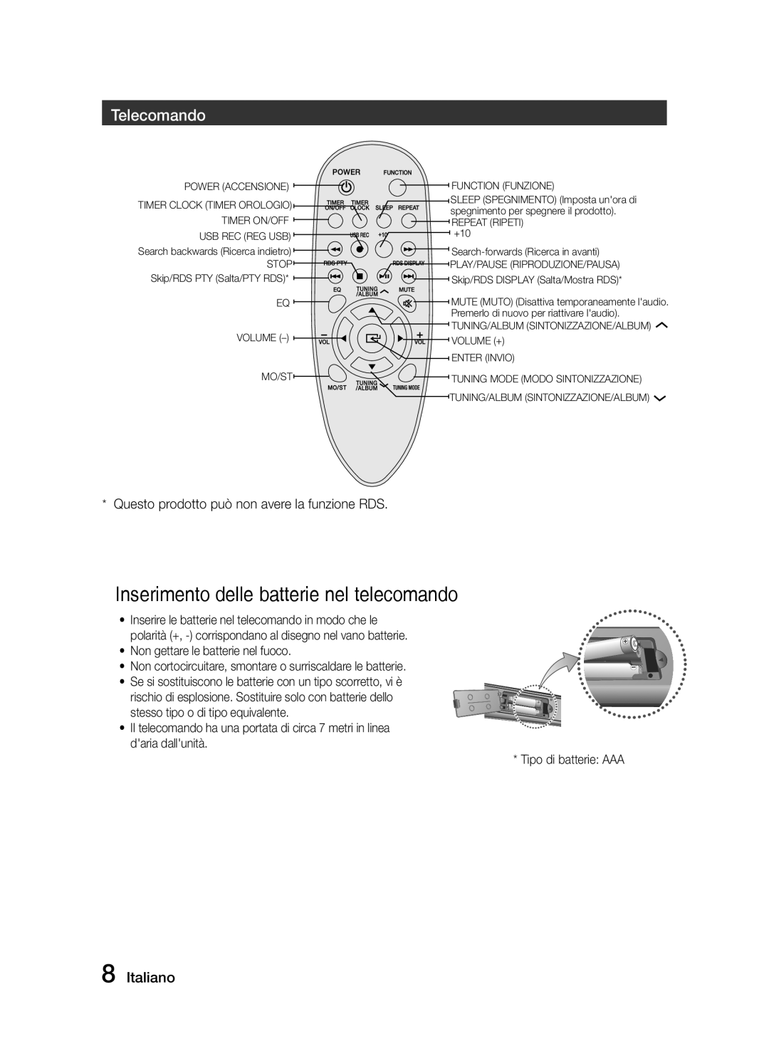 Samsung MM-J320/ZF, MM-J330/ZF manual Telecomando, Questo prodotto può non avere la funzione RDS 