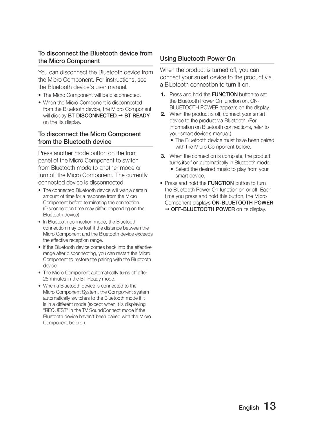 Samsung MM-J320/EN, MM-J330/EN manual To disconnect the Bluetooth device from the Micro Component, Using Bluetooth Power On 