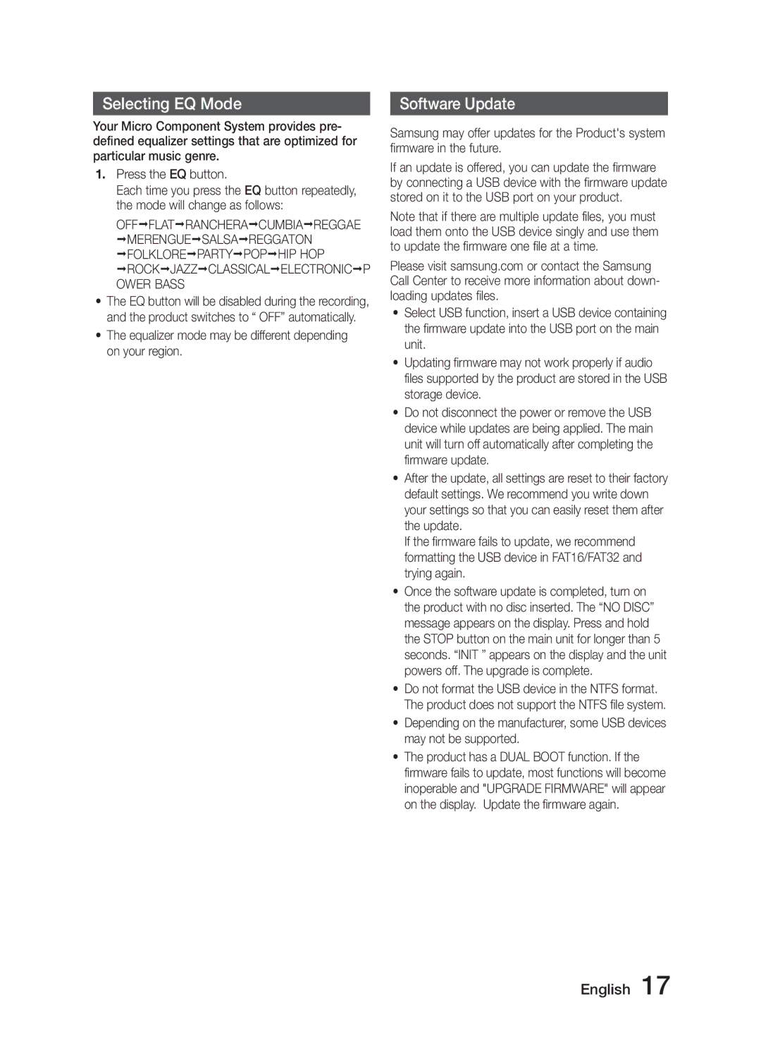 Samsung MM-J320/XN manual Selecting EQ Mode, Software Update, Equalizer mode may be different depending on your region 