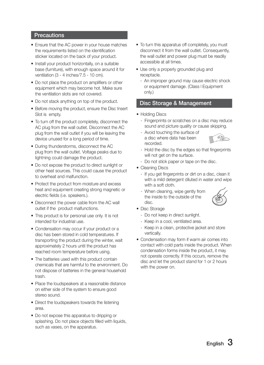 Samsung MM-J330/ZF, MM-J330/EN, MM-J320/EN, MM-J320/ZF, MM-J330/XN manual Precautions, Disc Storage & Management, Holding Discs 