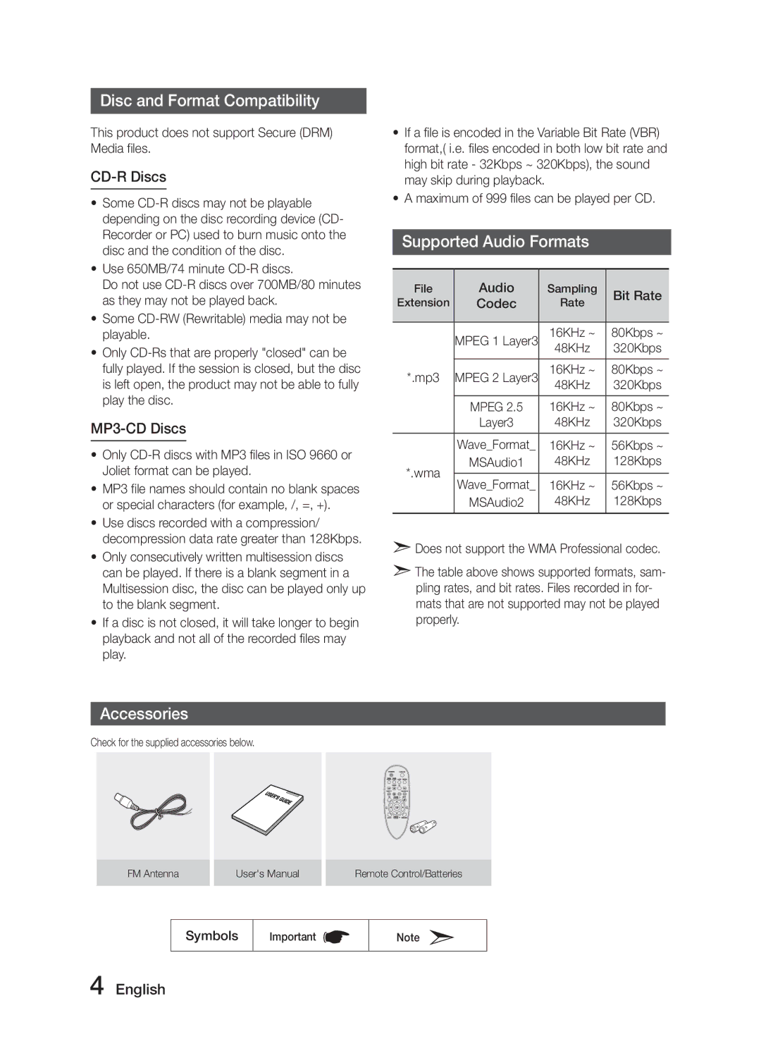 Samsung MM-J330/XN manual Disc and Format Compatibility, Supported Audio Formats, Accessories, CD-R Discs, MP3-CD Discs 