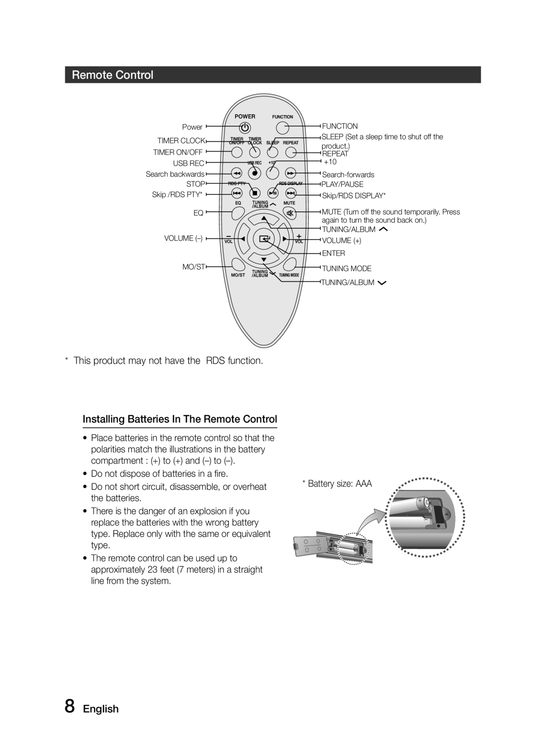 Samsung MM-J320/ZF, MM-J330/EN Installing Batteries In The Remote Control, This product may not have the RDS function 