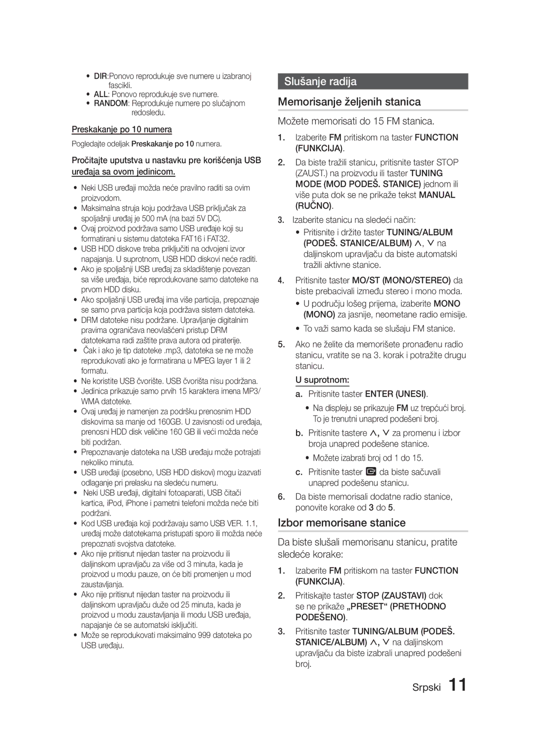 Samsung MM-J320/XN, MM-J330/EN, MM-J320/EN manual Slušanje radija Memorisanje željenih stanica, Izbor memorisane stanice 