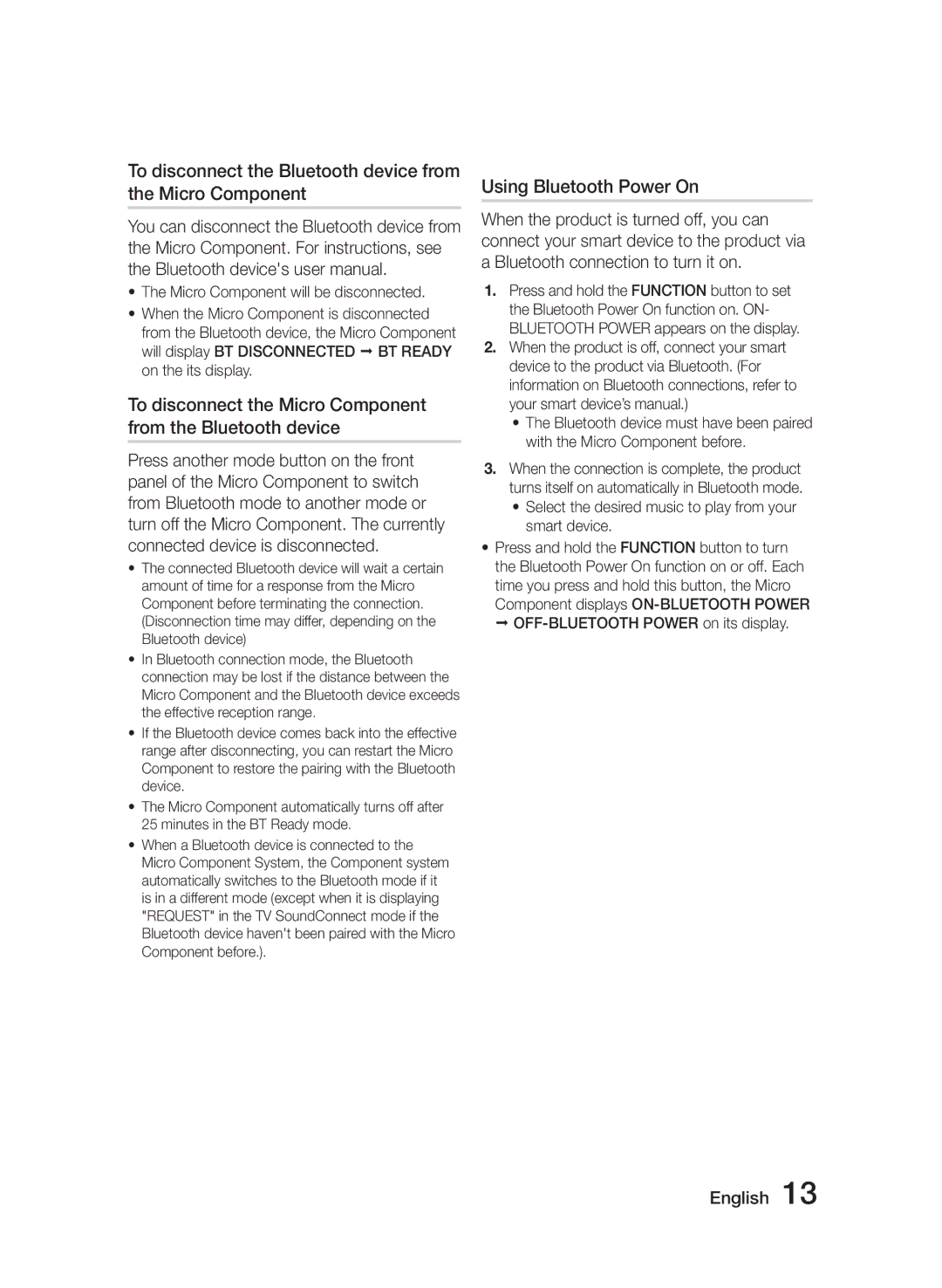 Samsung MM-J320/EN, MM-J330/EN manual To disconnect the Bluetooth device from the Micro Component, Using Bluetooth Power On 