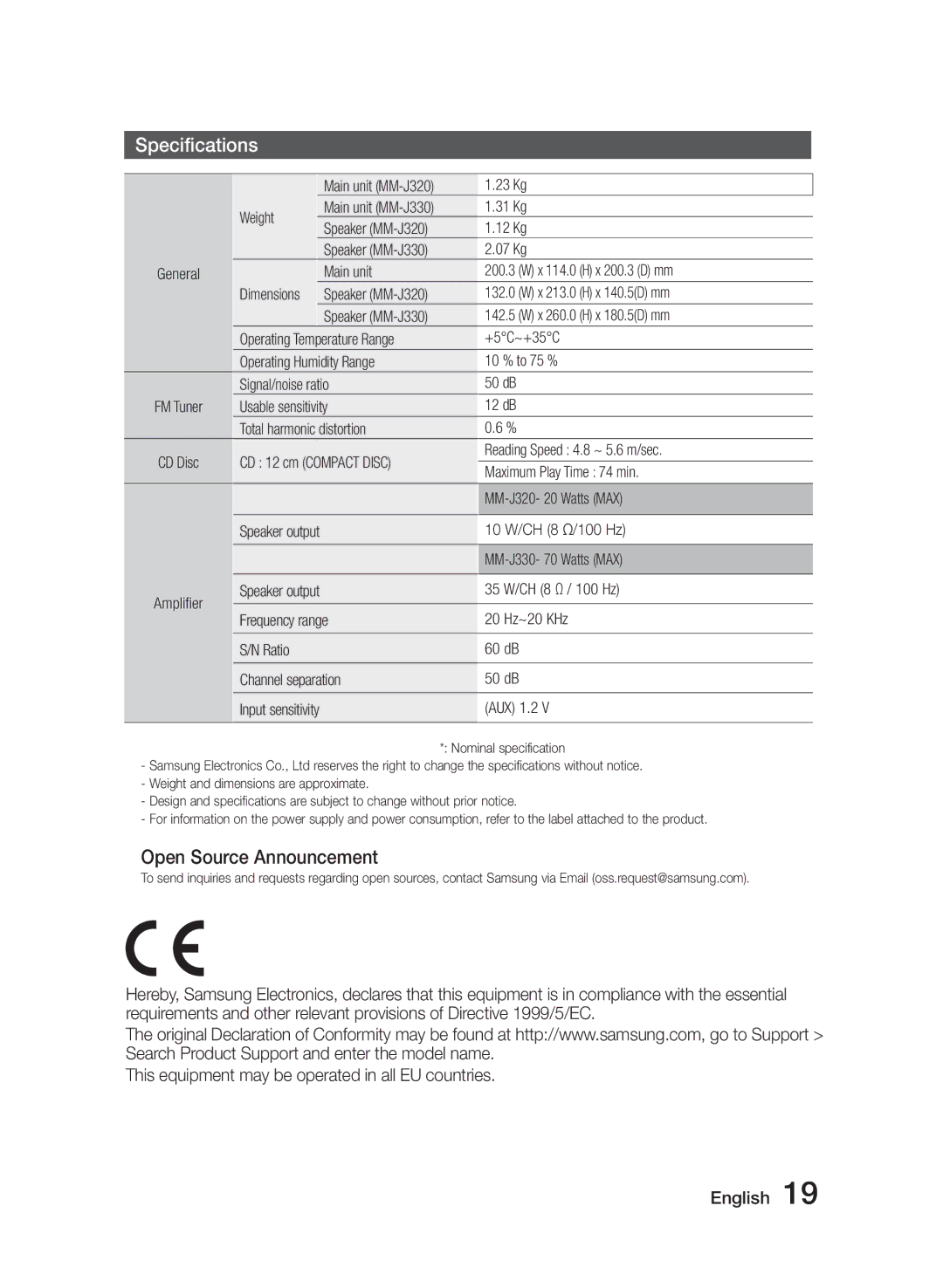 Samsung MM-J320/XN, MM-J330/EN, MM-J320/EN, MM-J330/XN manual Specifications, Open Source Announcement 