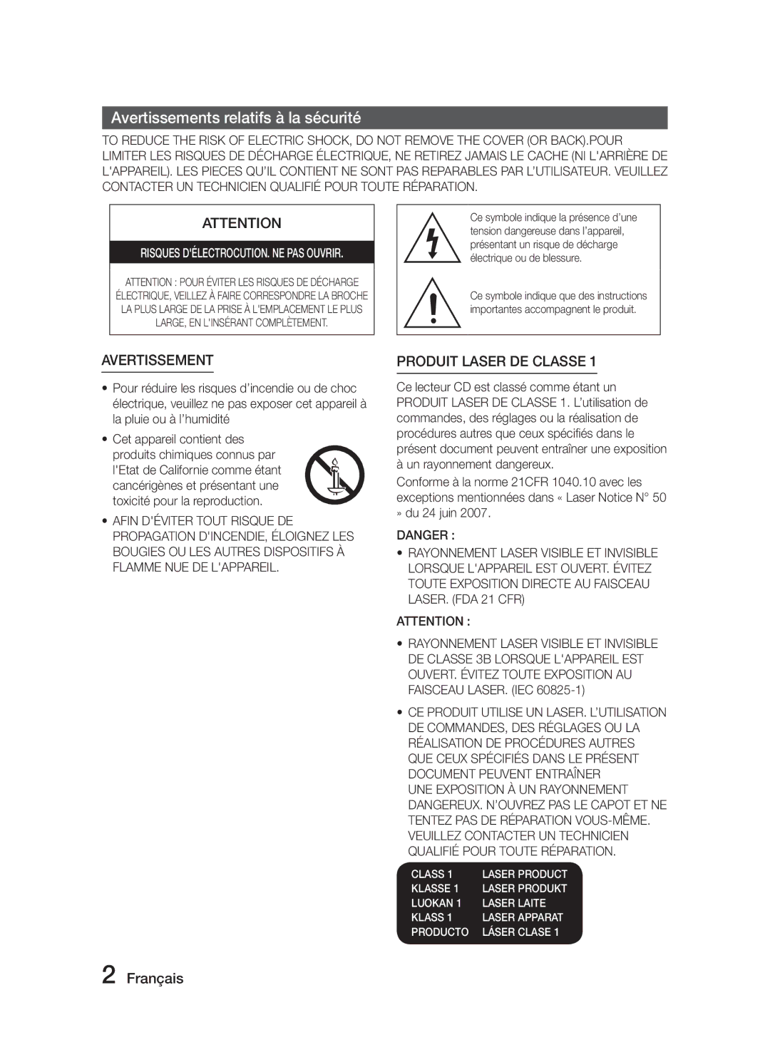 Samsung MM-J330/XN, MM-J330/EN, MM-J320/EN, MM-J320/XN manual Avertissements relatifs à la sécurité, Français 