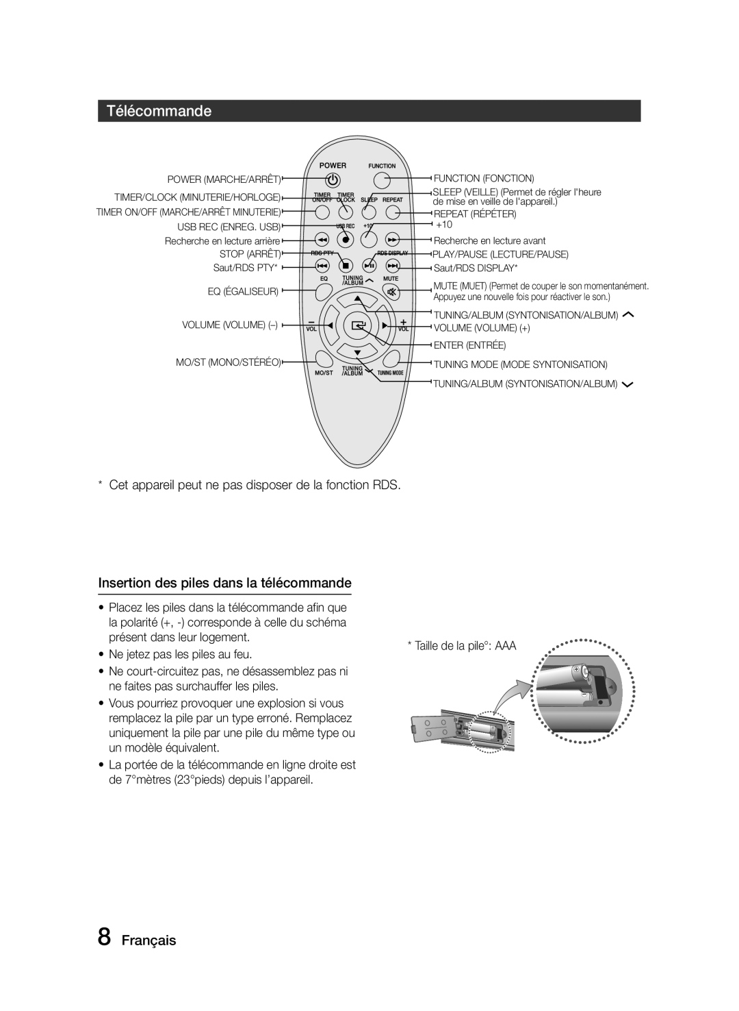 Samsung MM-J330/EN, MM-J320/EN manual Télécommande, Insertion des piles dans la télécommande, Présent dans leur logement 