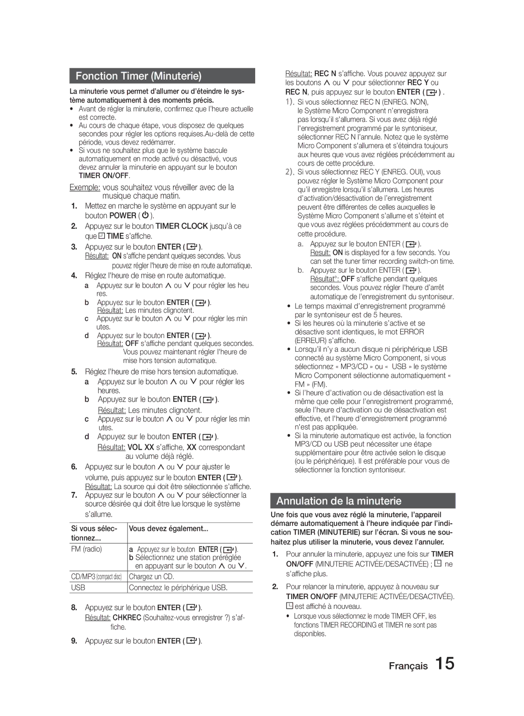 Samsung MM-J320/XN, MM-J330/EN, MM-J320/EN, MM-J330/XN manual Fonction Timer Minuterie, Annulation de la minuterie 