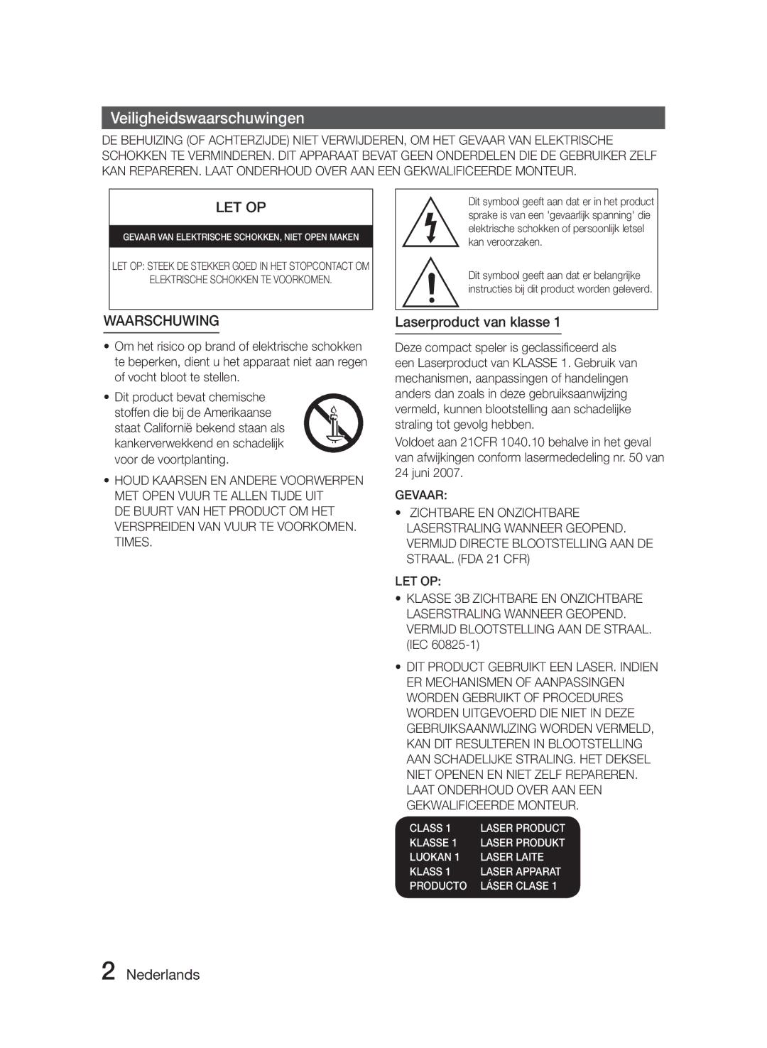 Samsung MM-J330/XN, MM-J330/EN, MM-J320/EN, MM-J320/XN manual Veiligheidswaarschuwingen, Laserproduct van klasse, Nederlands 