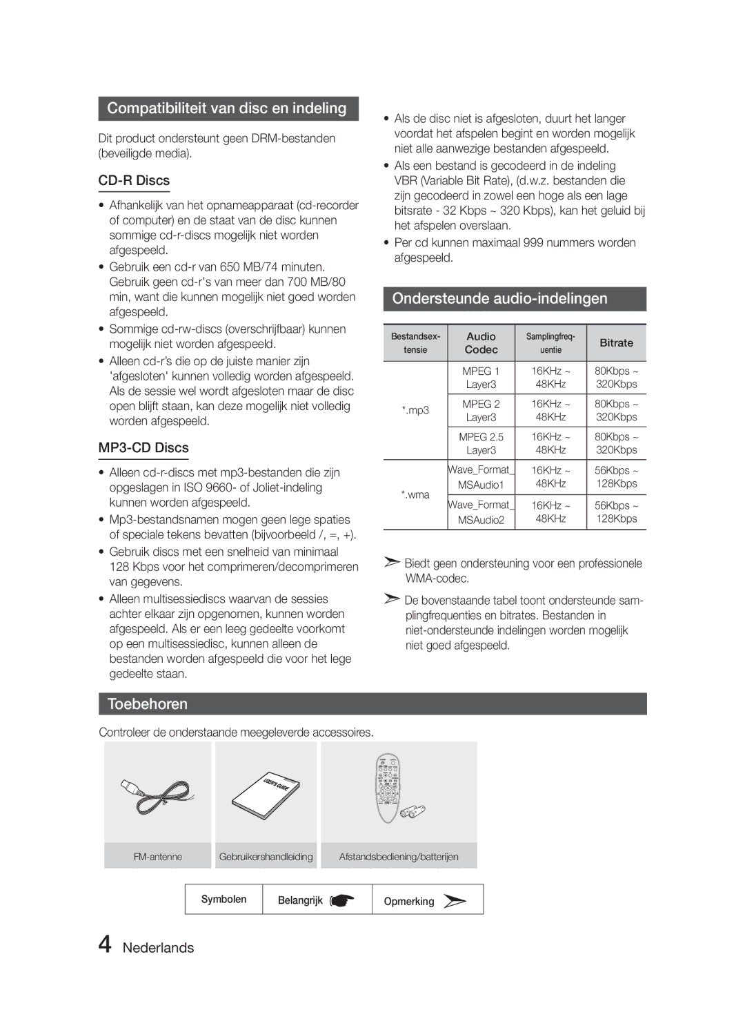 Samsung MM-J330/EN, MM-J320/EN, MM-J330/XN Compatibiliteit van disc en indeling, Ondersteunde audio-indelingen, Toebehoren 